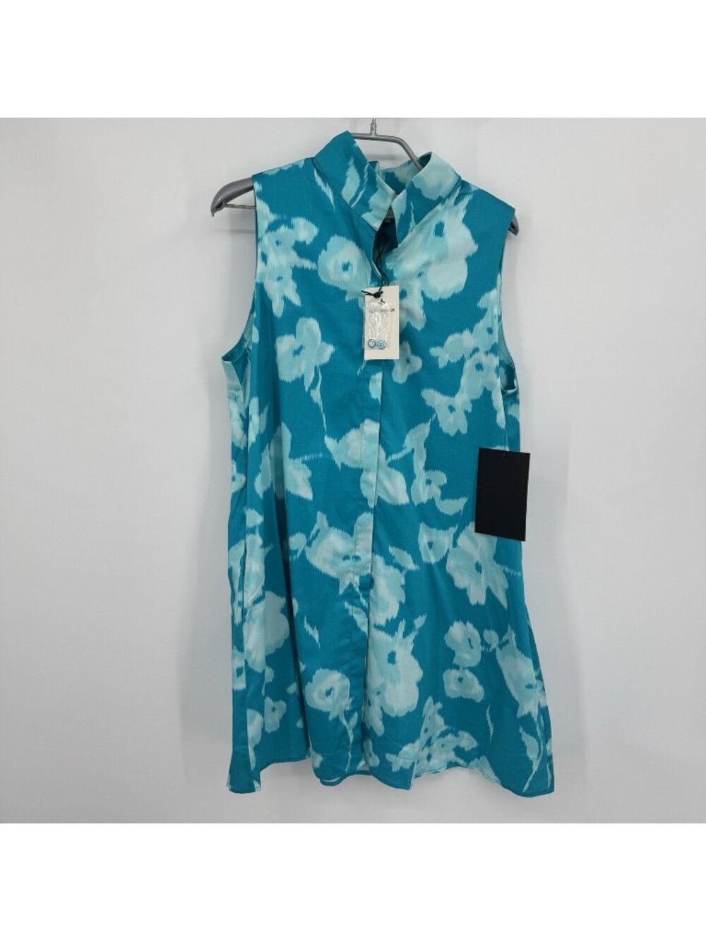 Tuckernuck Sleeveless Charlie Shirt Dress sz L Turquoise Watercolor Floral Print
